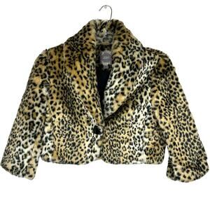 XXI Leopard Print Faux Fur Cropped Plush Cocktail Jacket Women's Large Glam Soft